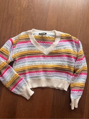 Lulu's Striped V-Neck Sweater in Cream, Yellow & Pink